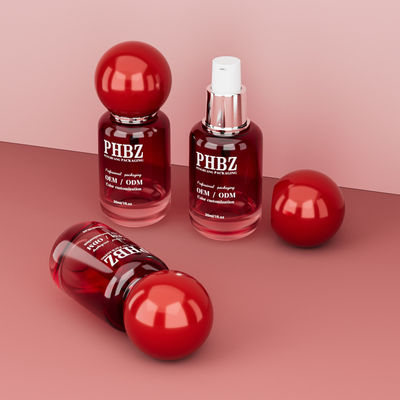 30ml / 1oz κενό κόκκινο κλίση γυαλί καλλυντικό ορό μπουκάλι με στρογγυλό καπάκι μπάλα, προσαρμοσμένο χρώμα OEM ODM συσκευασία περιποίησης δερματικής περίθαλψης για λοσιόν αιθέρια έλαια