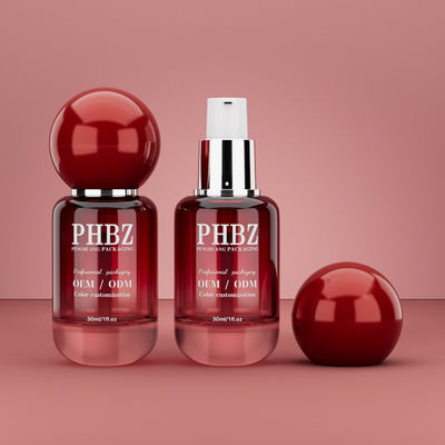 30ml / 1oz κενό κόκκινο κλίση γυαλί καλλυντικό ορό μπουκάλι με στρογγυλό καπάκι μπάλα, προσαρμοσμένο χρώμα OEM ODM συσκευασία περιποίησης δερματικής περίθαλψης για λοσιόν αιθέρια έλαια