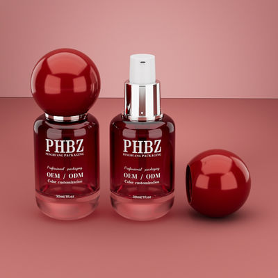 30ml / 1oz κενό κόκκινο κλίση γυαλί καλλυντικό ορό μπουκάλι με στρογγυλό καπάκι μπάλα, προσαρμοσμένο χρώμα OEM ODM συσκευασία περιποίησης δερματικής περίθαλψης για λοσιόν αιθέρια έλαια