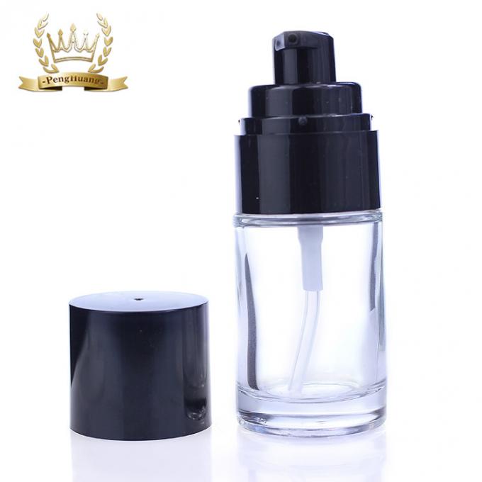 Κενό 30ml συσκευασίας καλλυντικό εμπορευματοκιβωτίων μπουκάλι γυαλιού ιδρύματος Makeup υγρό με τη μαύρη αντλία