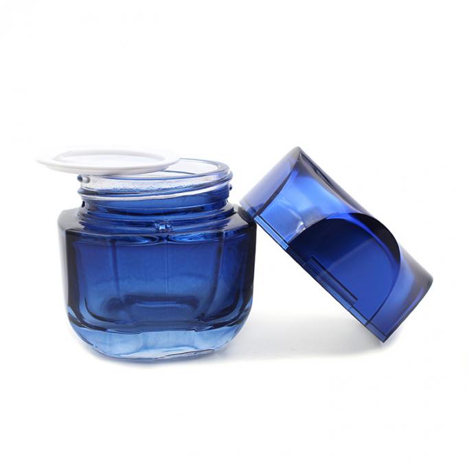 Καυτή πώληση υψηλή - κενό μπλε 50g τετραγωνικό καλλυντικό σύνολο βάζων γυαλιού βάζων ποιοτικής πολυτέλειας
